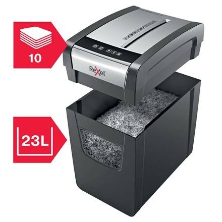 Rexel Momentum X410 Slim Aktenvernichter 10 Blatt Partikelschnitt 4 x 28 mm P-4 23 l Vernichtet auch Heftklammern, Büroklammern