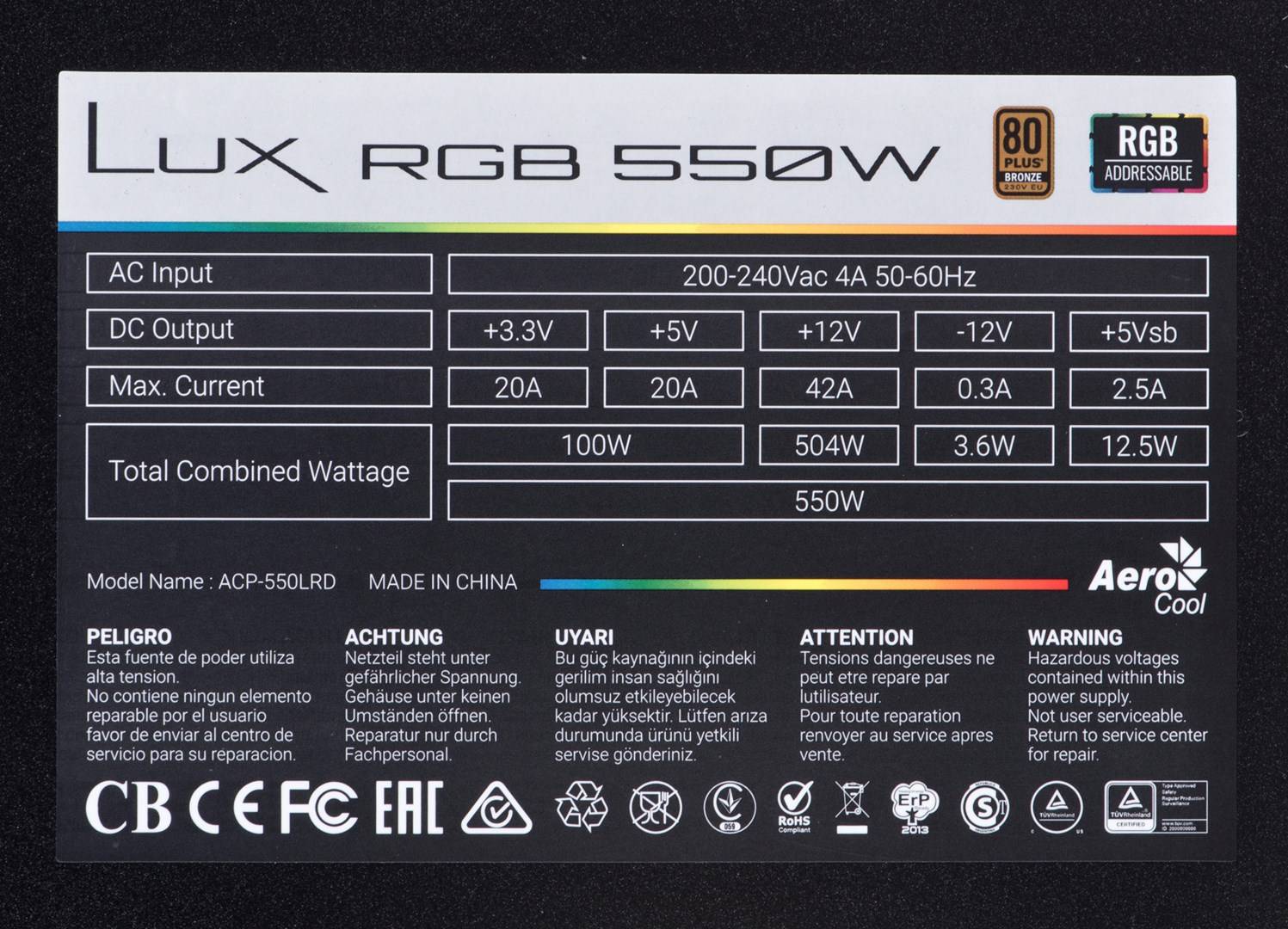 AEROCOOL ADVANCED TECHNOLOGIES Lux RGB 550M Netzteil 20+4 pin ATX Schwarz