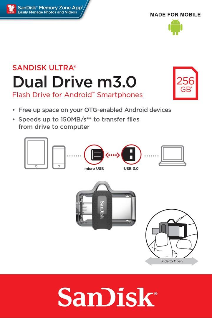SanDisk Ultra® Dual Drive m3.0 USB-Zusatzspeicher Smartphone/Tablet 256 GB Micro USB (OTG), USB 3.2 Gen 1 (USB 3.0)