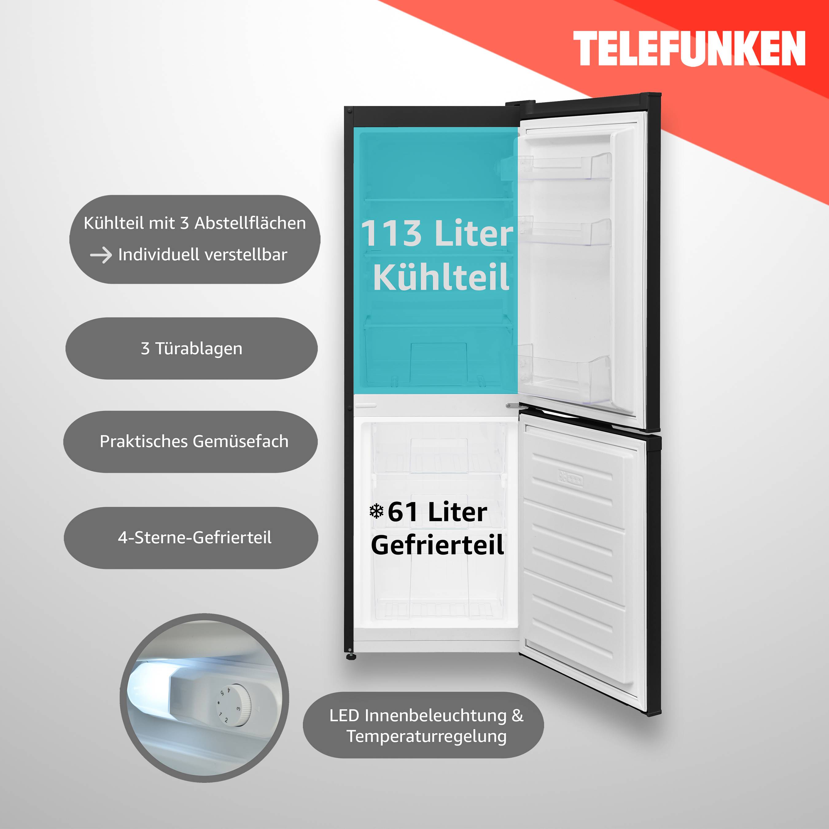 Telefunken KTFK174EDI Kühl-Gefrierkombination | Kühlschrank groß mit Gefrierfach | 174 Liter Nutzinhalt | freistehend