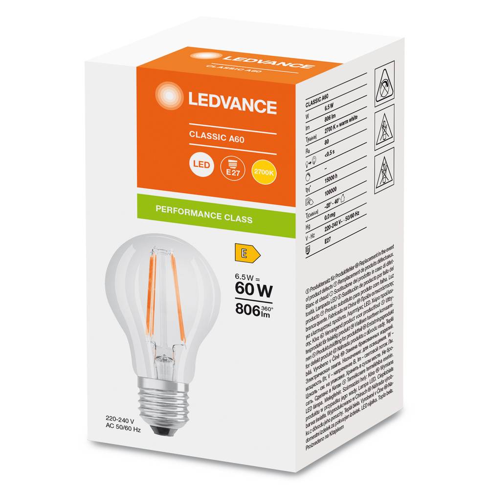 LEDV LED Classic A60-E27 062582 6,5W / 2700K / 806lm / ø60x105mm / klar