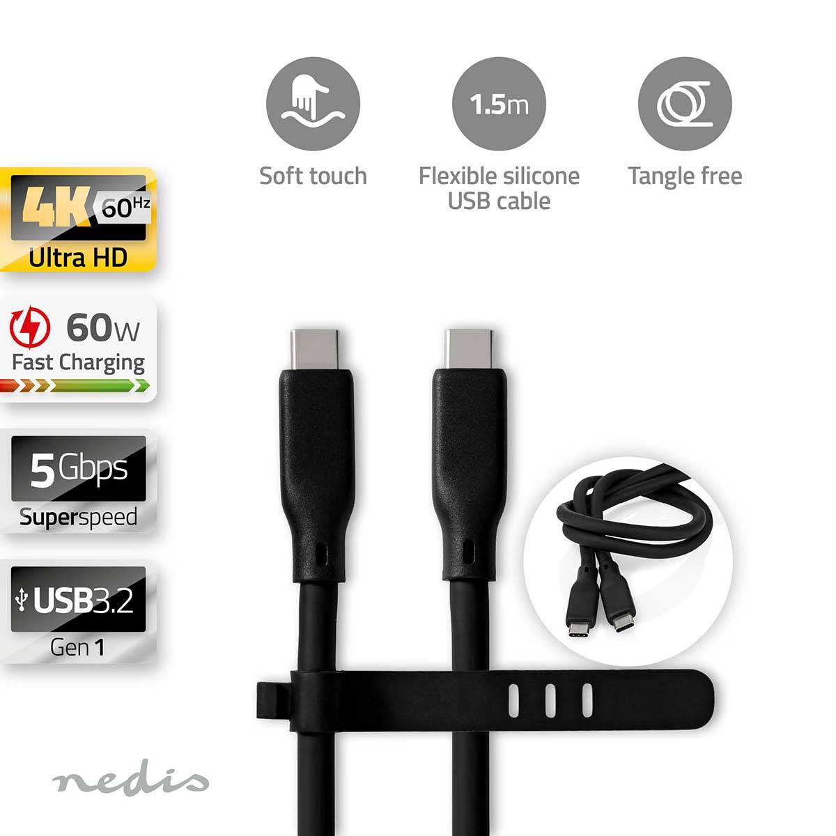 Nedis USB-Kabel| USB 3.2 Gen 1| USB-C Stecker|| 60 W| 8Ka30Hz| 51,5 m - Schwarz