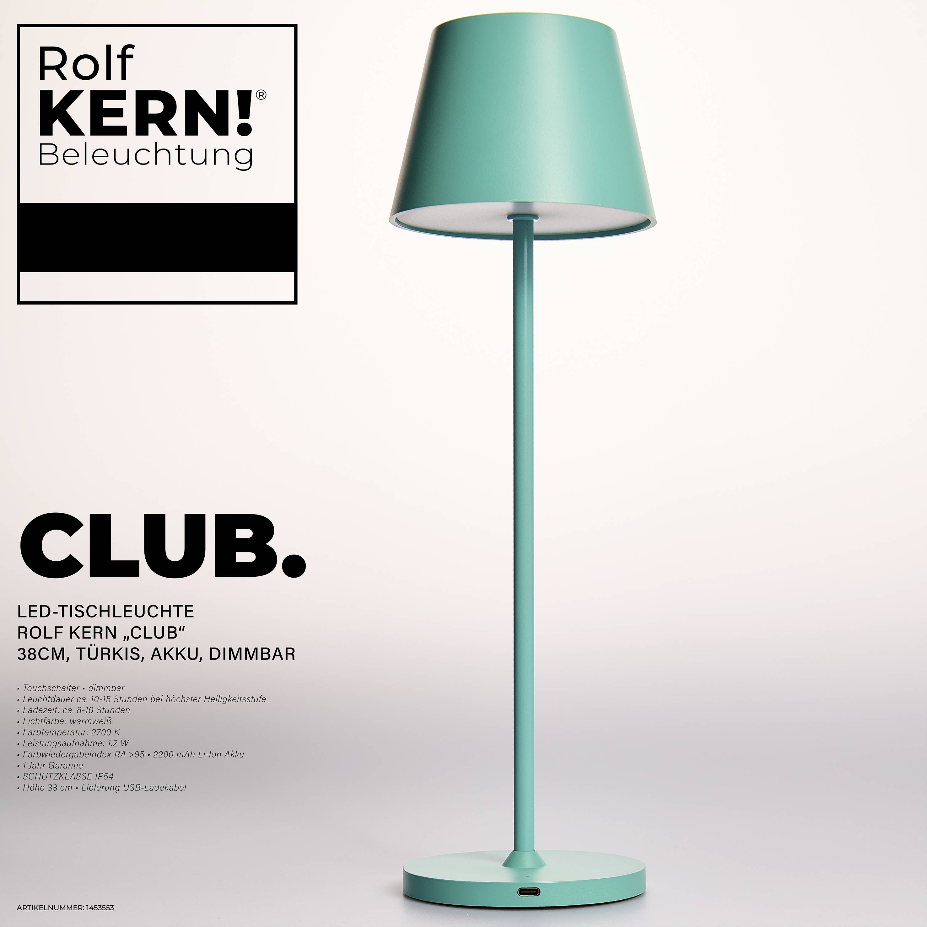 LED-Tischleuchte ROLF KERN „Club“ 38cm, Türkis, Akku, dimmbar