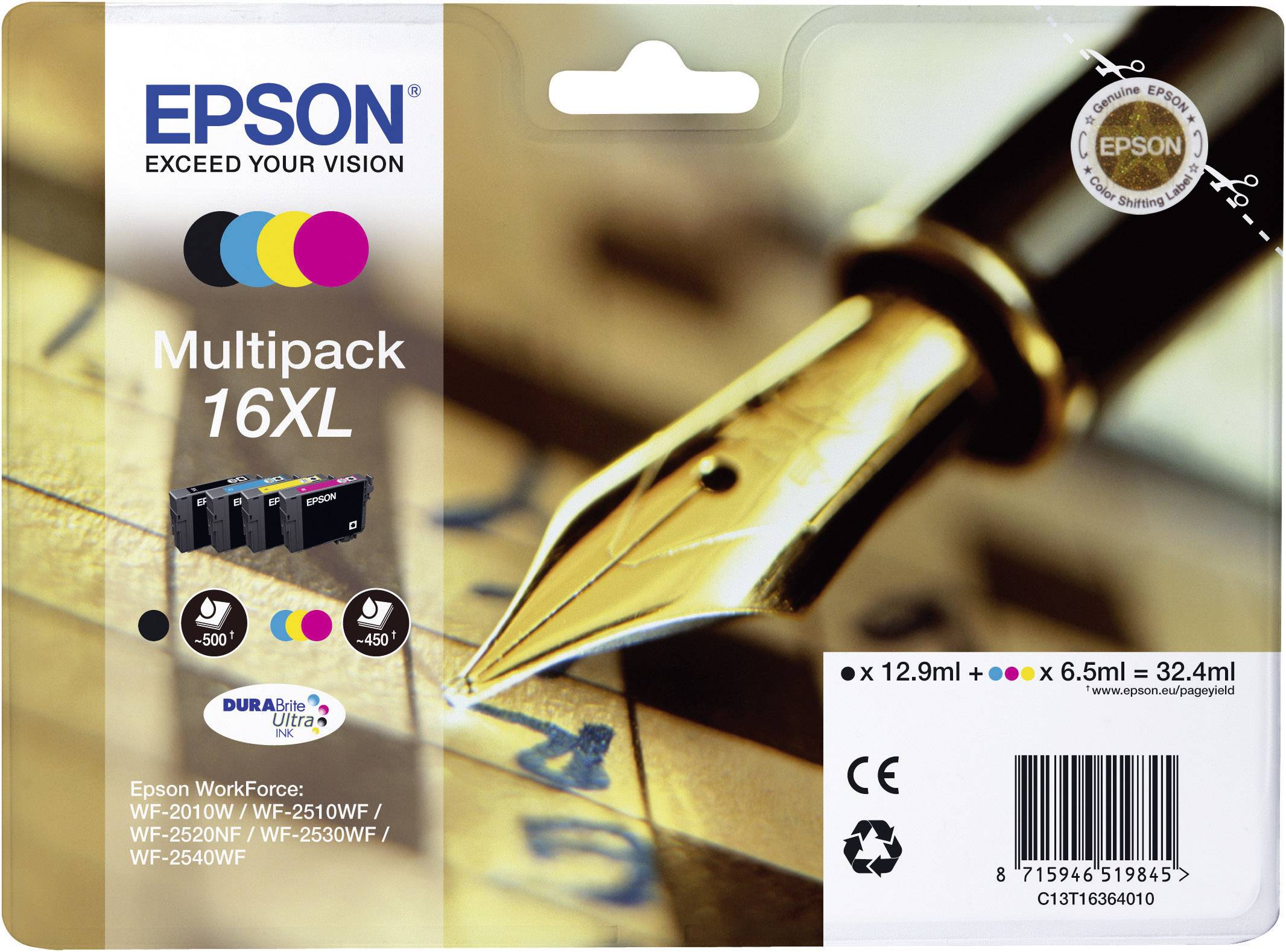 Epson Druckerpatrone T1636/16XL Original Kombi-Pack Schwarz, Cyan, Magenta, Gelb C13T16364010