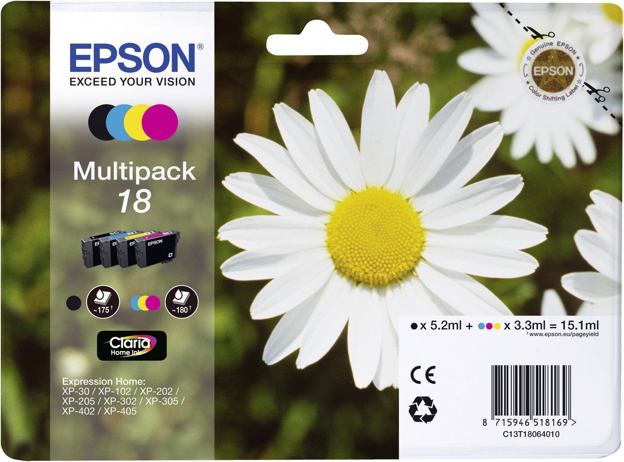Epson Druckerpatrone T1806, 18 Original Kombi-Pack Schwarz, Cyan, Magenta, Gelb C13T18064010