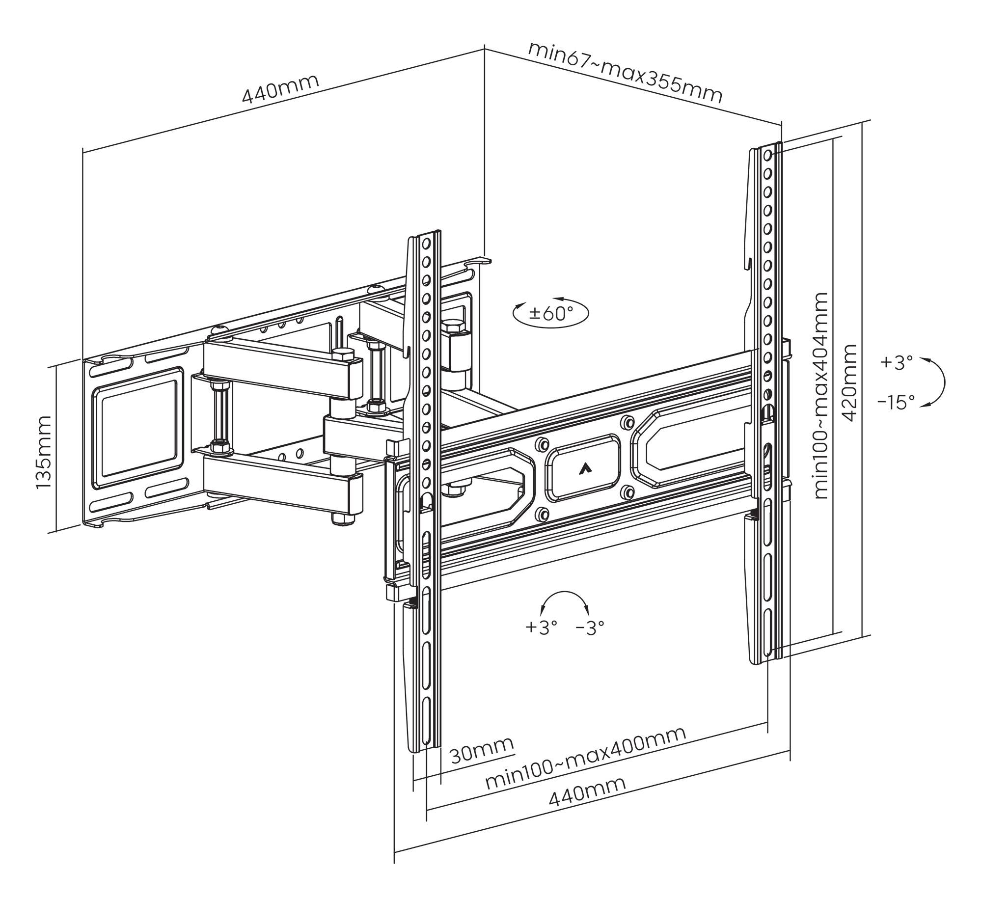 Manhattan TV & Monitor Mount, Wall, Full Motion, 1 screen, Screen Sizes: 32-55", Black, VESA 100x100 to 400x400mm, Max 40kg, LFD, Tilt & Swivel w