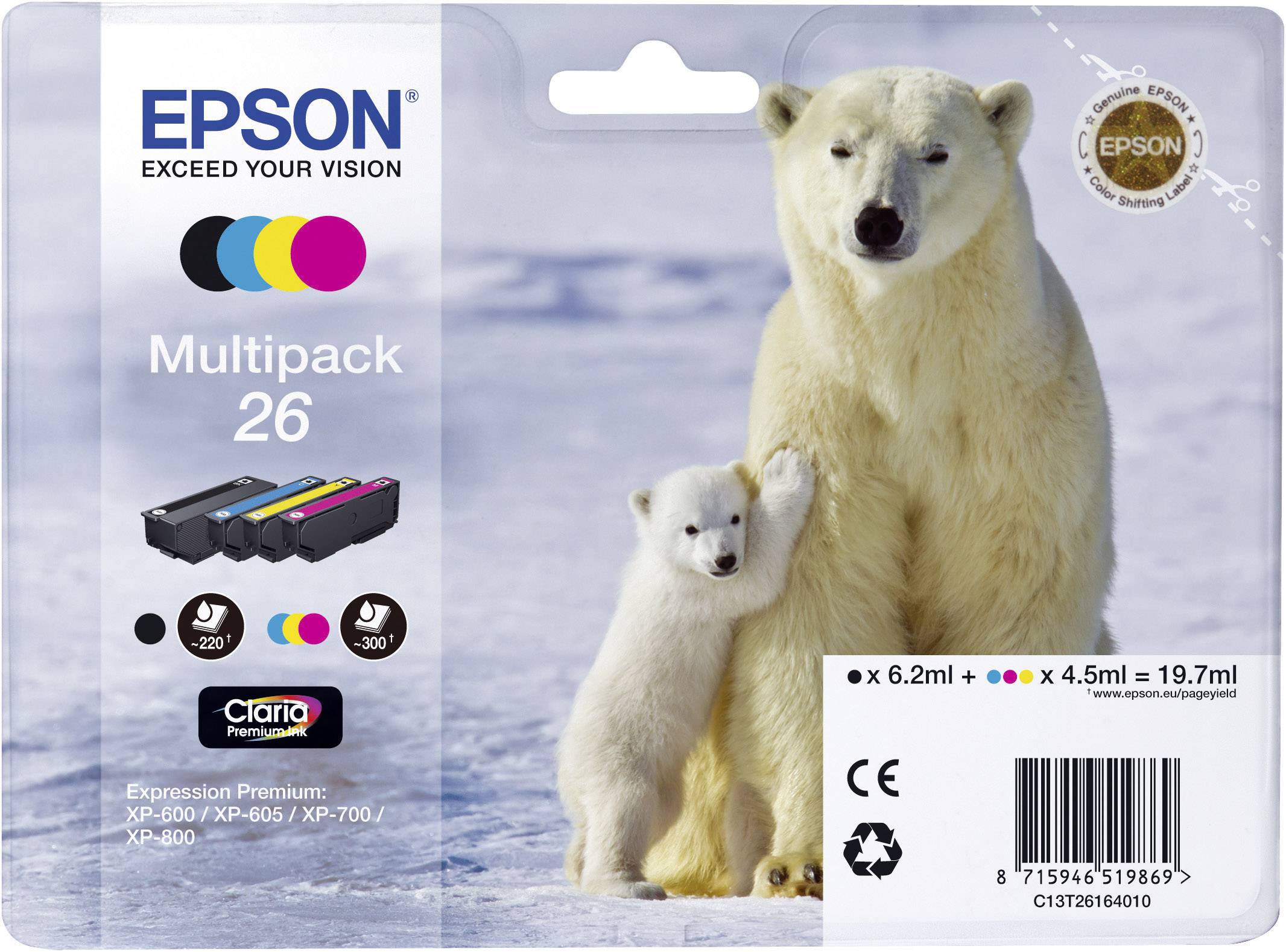Epson Druckerpatrone T2616, 26 Original Kombi-Pack Schwarz, Cyan, Magenta, Gelb C13T26164010