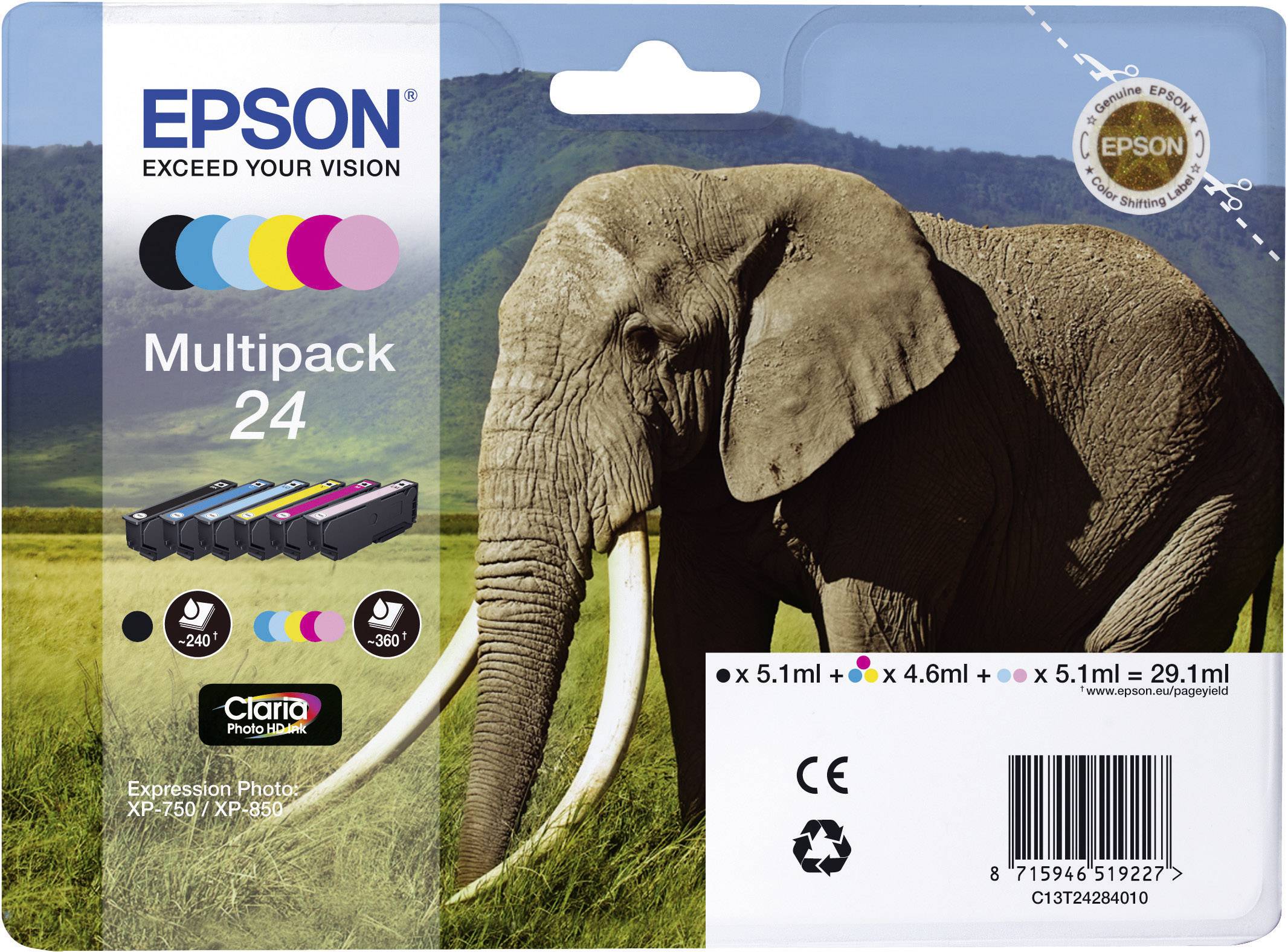 Elefantenabbildung auf Verpackung für Epson Multipack 24 Tintenpatronen. Enthält Cyan, Magenta, Gelb, Schwarz. 5,1 ml je Farbe.