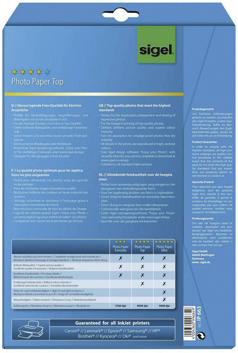 Sigel Photo Paper Top IP663 Fotopapier DIN A4 25 Blatt Hochglänzend