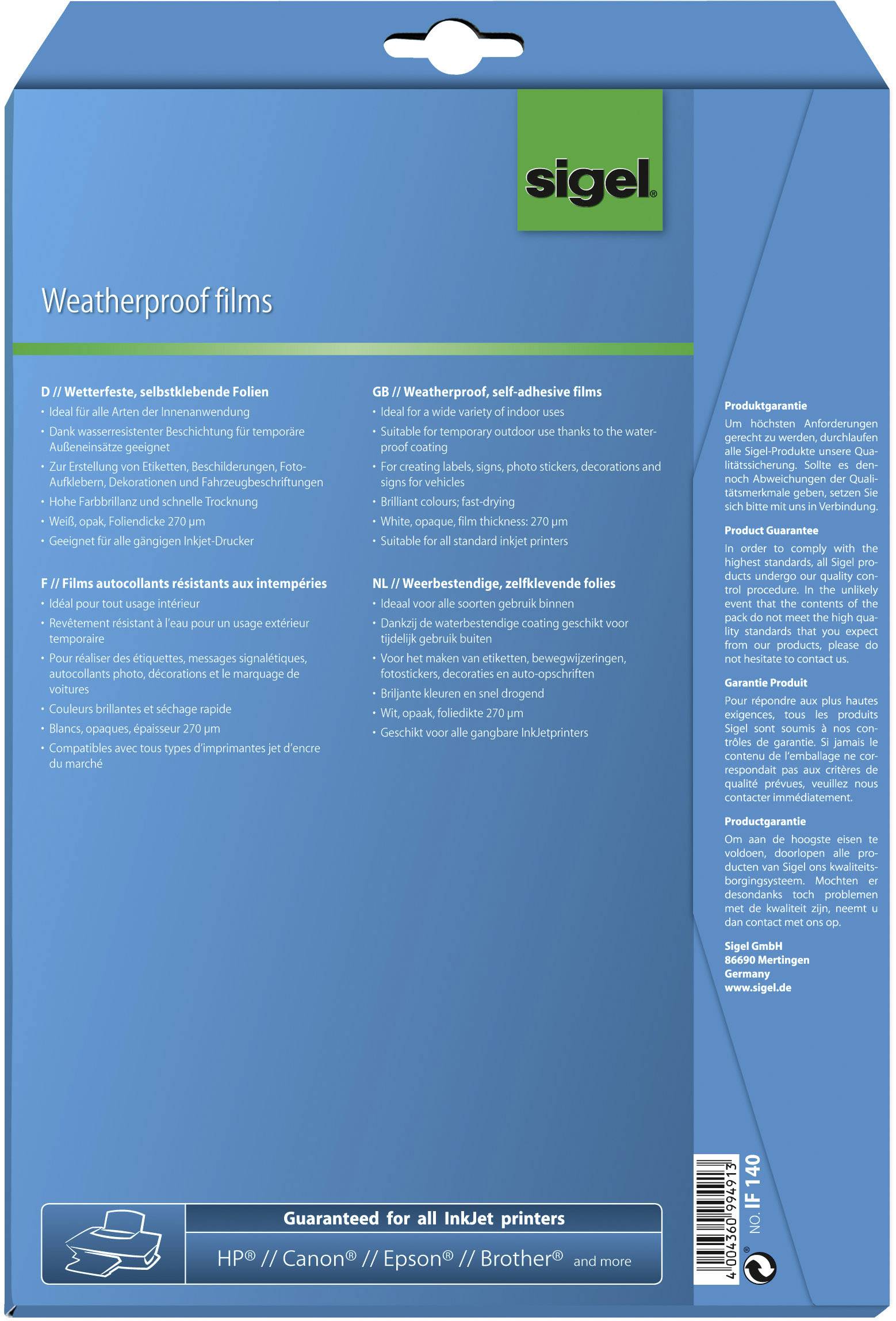 Sigel IF140 Selbstklebefolie DIN A4 Tintenstrahldrucker Weiß, Opak 10St.
