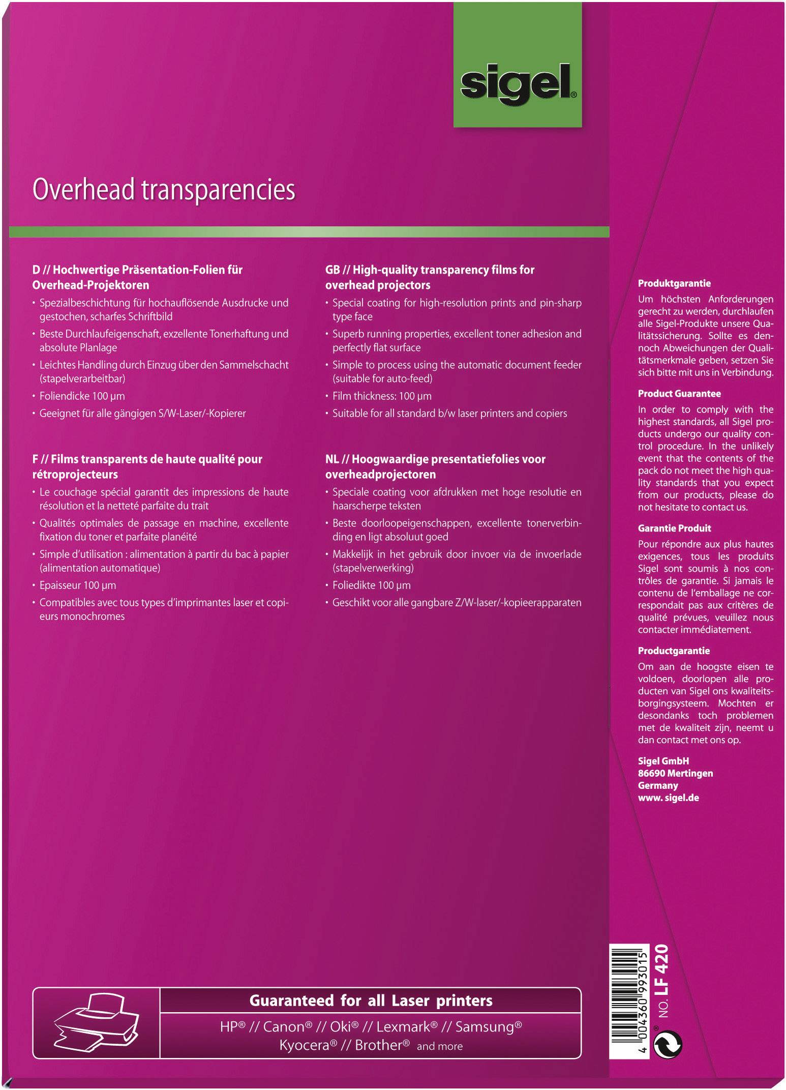 Sigel LF420 Overhead-Projektor-Folie DIN A4 Laserdrucker, Kopierer Transparent 50St.