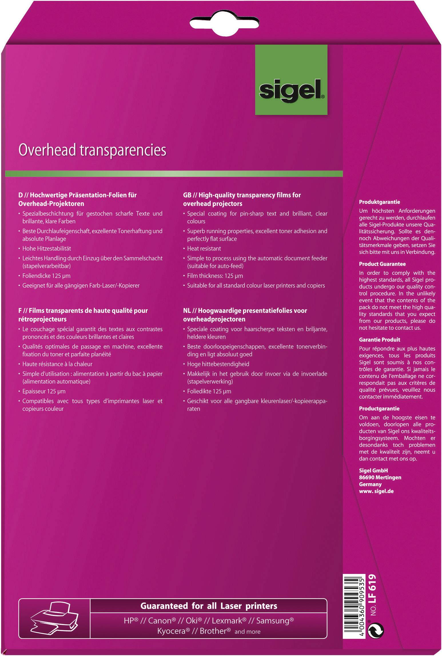 Sigel LF619 Overhead-Projektor-Folie DIN A4 Laserdrucker, Kopierer, Farblaserdrucker, Farbkopierer Transparent 20St.