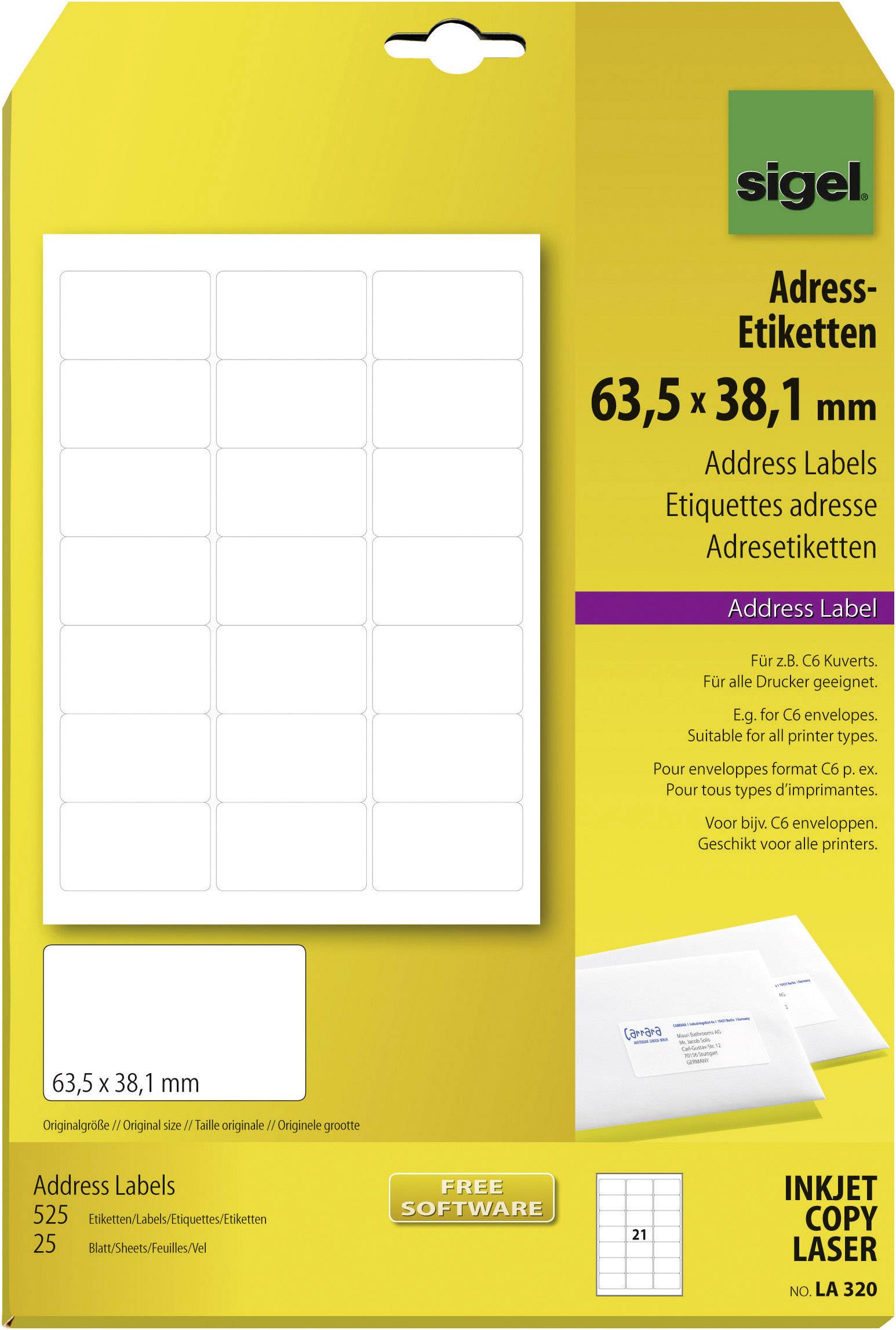 Sigel LA320 Etiketten (A4) 63.5 x 38.1 mm Papier Weiß 525 St. Permanent Adress-Etiketten, Universal-Etiketten Tinte, Laser, Kopie 25 Blatt DIN A4