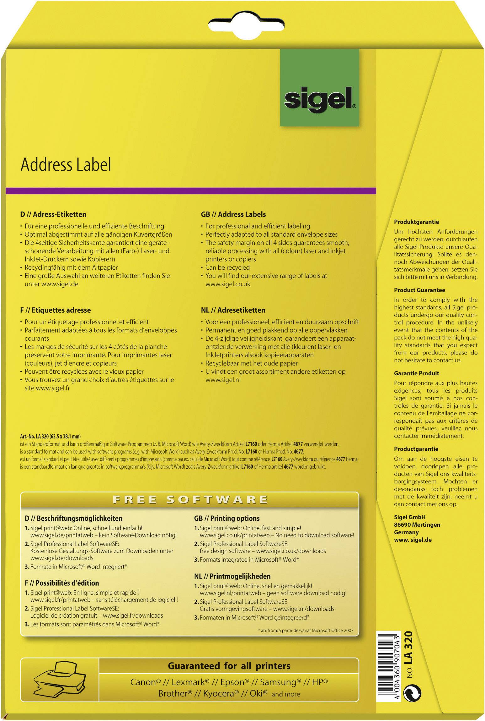 Sigel LA320 Etiketten (A4) 63.5 x 38.1 mm Papier Weiß 525 St. Permanent Adress-Etiketten, Universal-Etiketten Tinte, Laser, Kopie 25 Blatt DIN A4