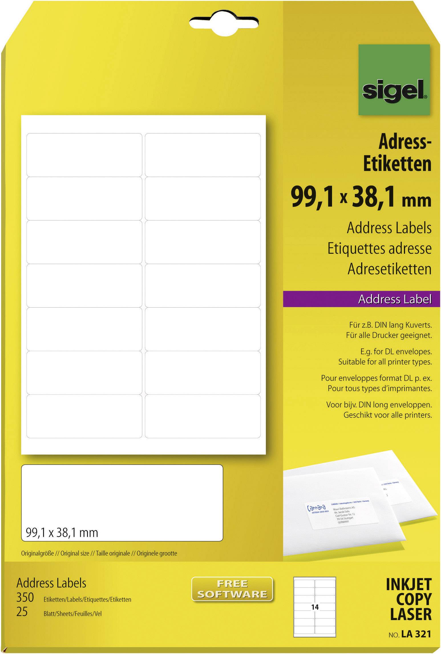 Sigel LA321 Etiketten (A4) 99.1 x 38.1 mm Papier Weiß 350 St. Permanent Adress-Etiketten, Universal-Etiketten Tinte, Laser, Kopie 25 Blatt DIN A4