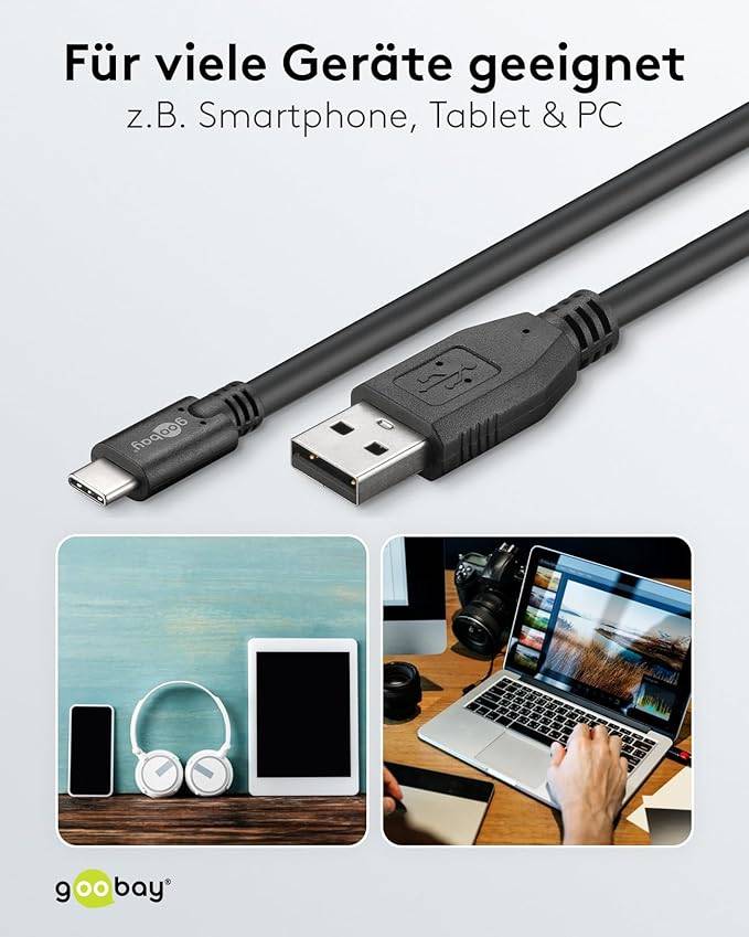 Goobay 55469 USB A auf USB C Kabel / Handykabel 480 Mbits / Ladekabel USB 2.0 Adapterkabel 5V - 3A / Schwarz / 3 Meter