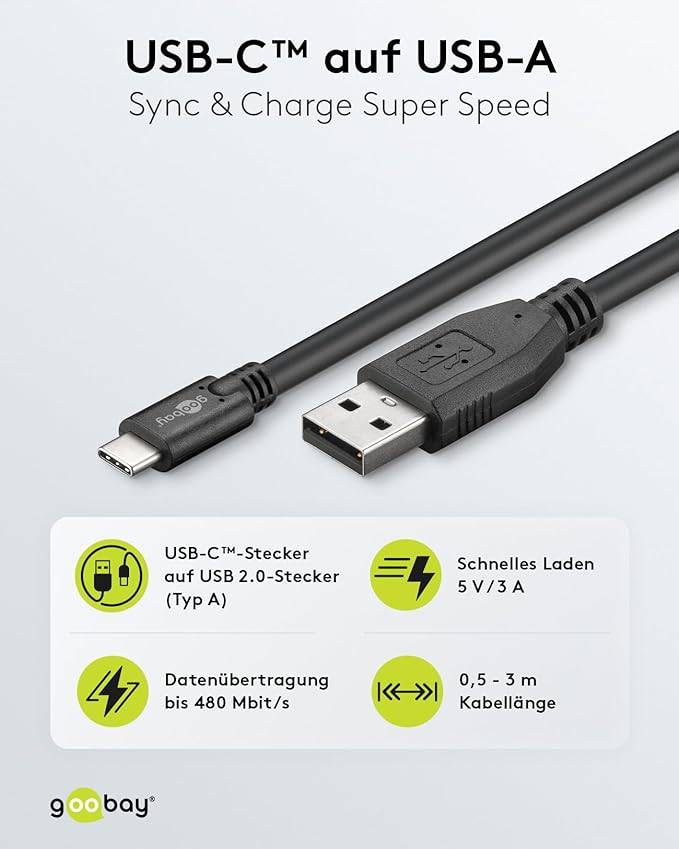 Goobay 55469 USB A auf USB C Kabel / Handykabel 480 Mbits / Ladekabel USB 2.0 Adapterkabel 5V - 3A / Schwarz / 3 Meter