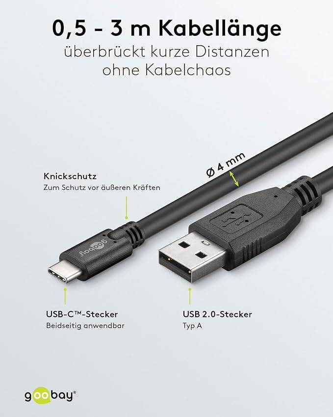 Goobay 55469 USB A auf USB C Kabel / Handykabel 480 Mbits / Ladekabel USB 2.0 Adapterkabel 5V - 3A / Schwarz / 3 Meter