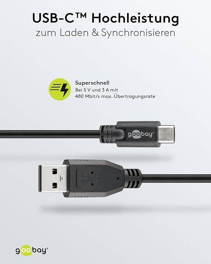 Goobay 55469 USB A auf USB C Kabel / Handykabel 480 Mbits / Ladekabel USB 2.0 Adapterkabel 5V - 3A / Schwarz / 3 Meter