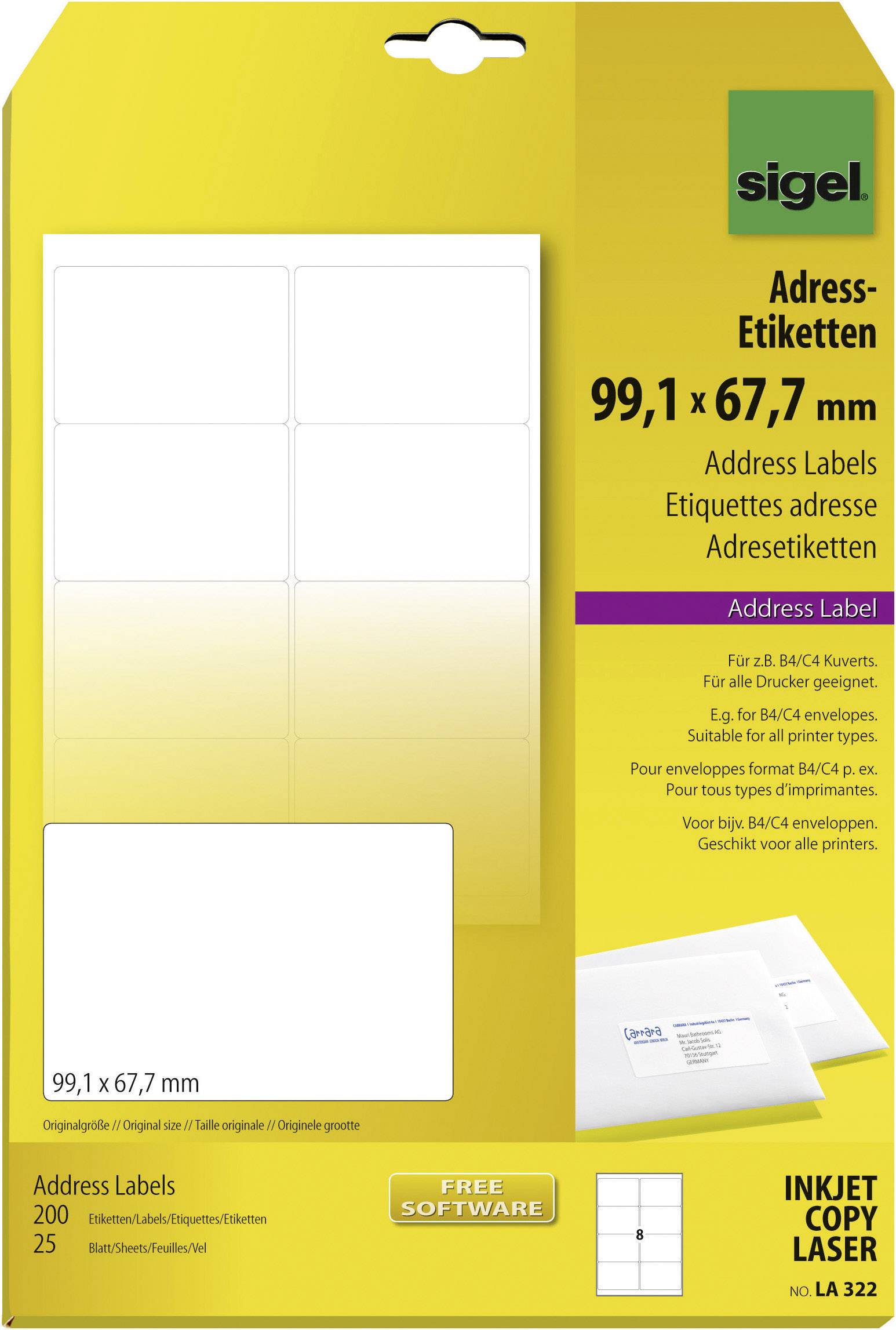 Sigel LA322 99.1 x 67.7 mm Papier Weiß 200 St. Permanent haftend 25 Blatt DIN A4
