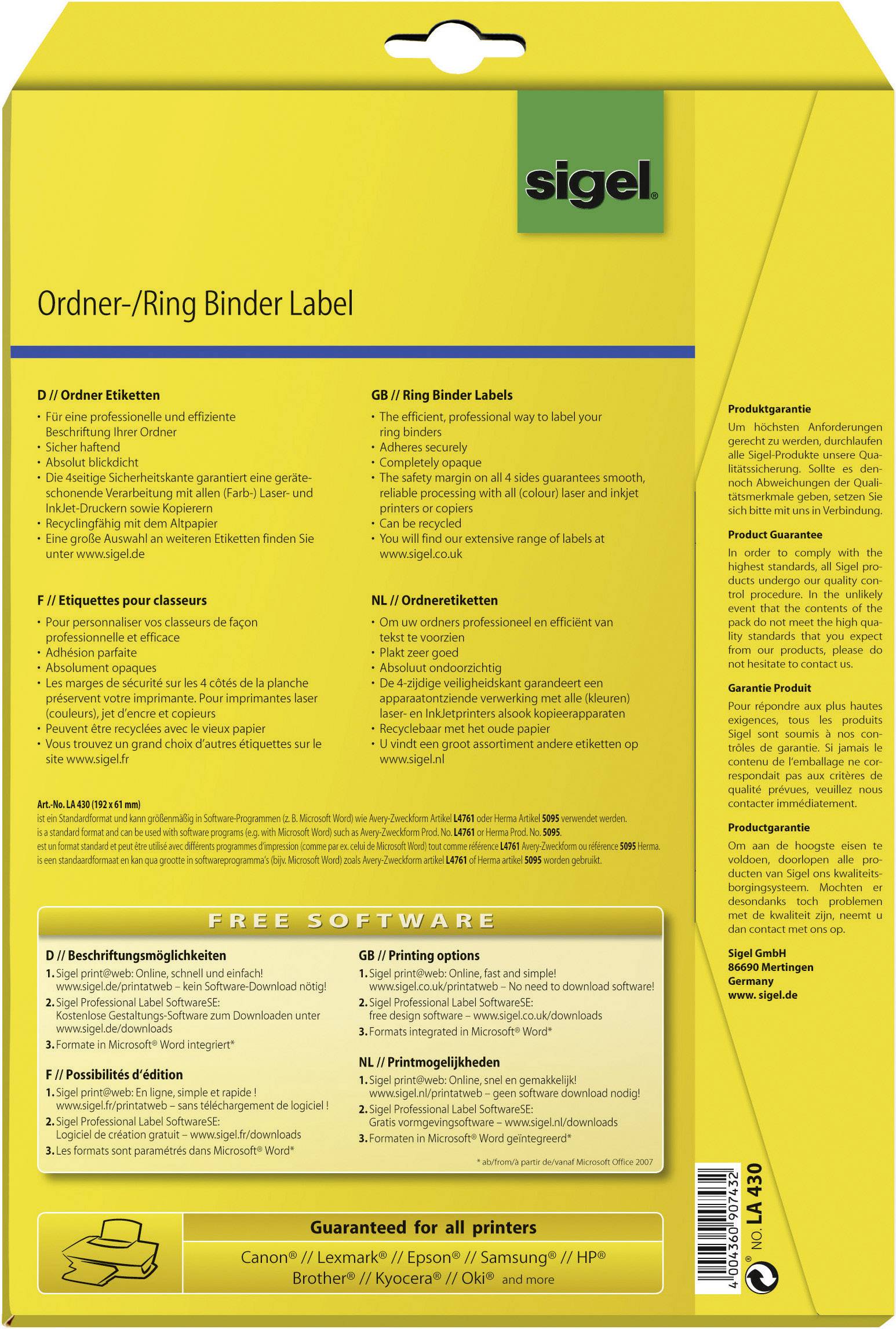 Sigel Ordner-Etiketten LA430 61 x 192 mm Papier Weiß Permanent 100 St.