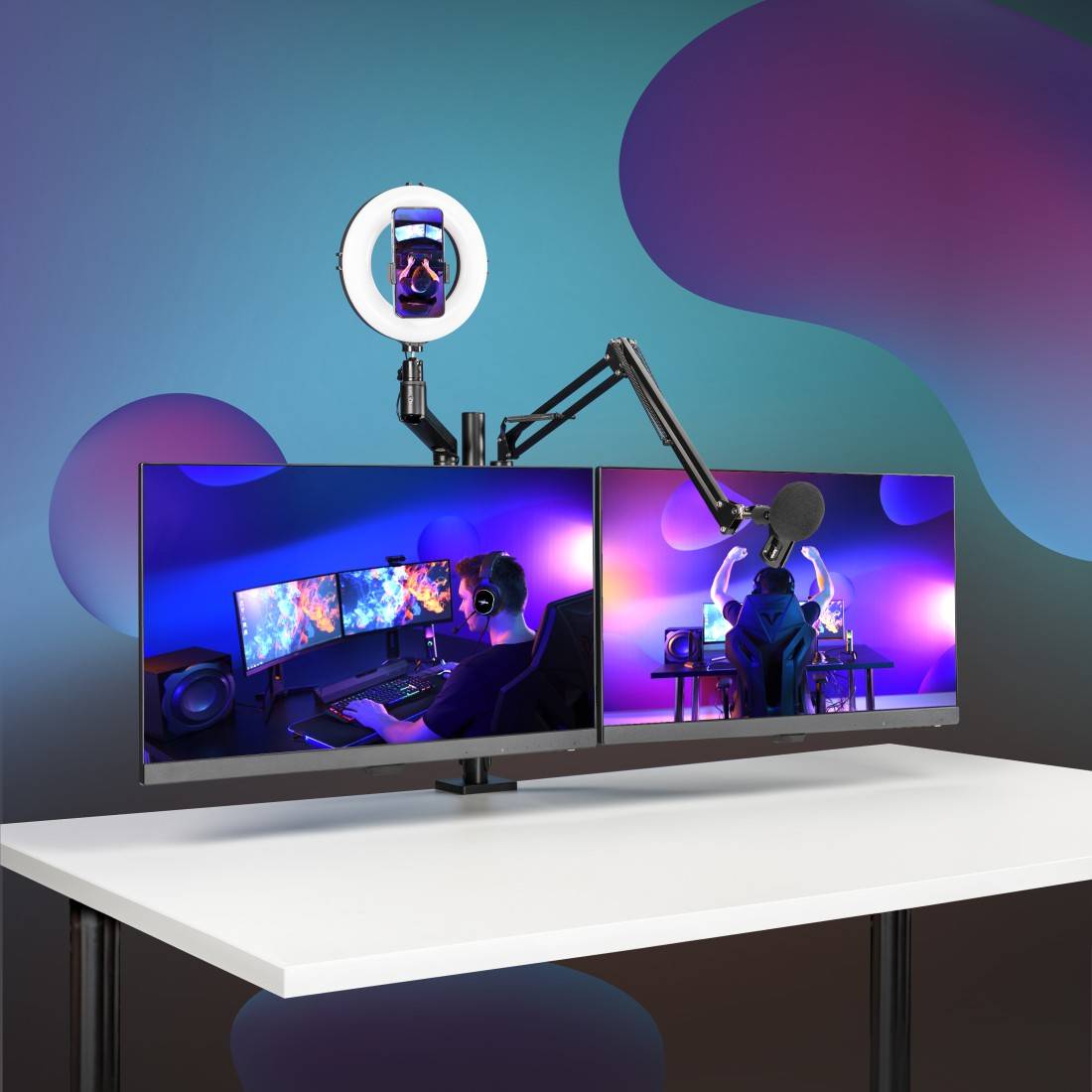 hama 00004663 Monitorhalterung für Streaming Setup, 4 Arme, höhenverstellbar, schwenkbar