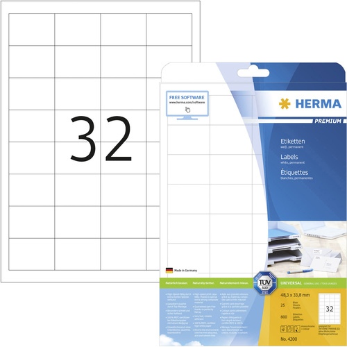 Herma 4200 Etiketten 48.3 x 33.8mm Papier Weiß 800 St. Permanent Universal-Etiketten Tinte, Laser, Kopie 25 Blatt DIN A4