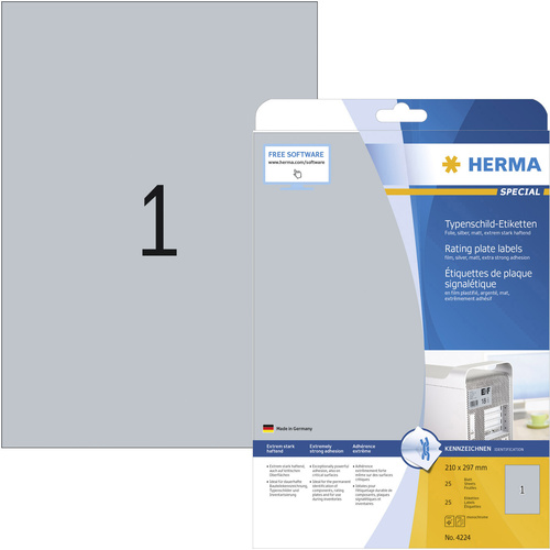 Herma 4224 Typenschild-Etiketten 210 x 297mm Polyester-Folie Silber 25 St. Permanent haftend Laserdrucker, Kopierer
