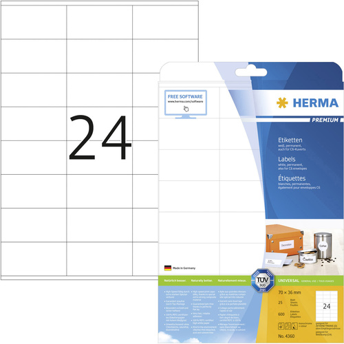 Herma 4360 Universal-Etiketten 70 x 36mm Papier Weiß 600 St. Permanent haftend Tintenstrahldrucker, Laserdrucker