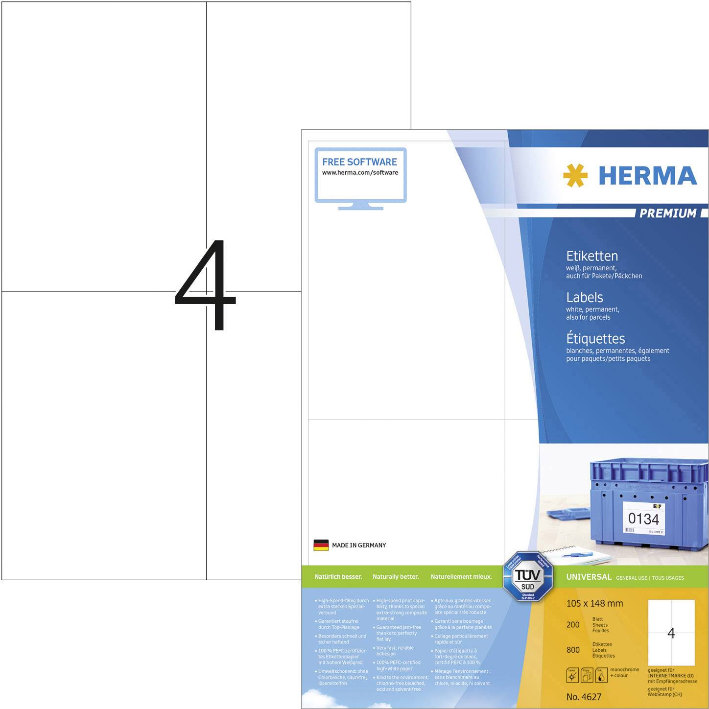 Herma 4627 Adress-Etiketten 105 x 148 mm Papier Weiß 800 St. Permanent haftend Tintenstrahldrucker, Laserdrucker, Farblaserdrucker, Kopierer
