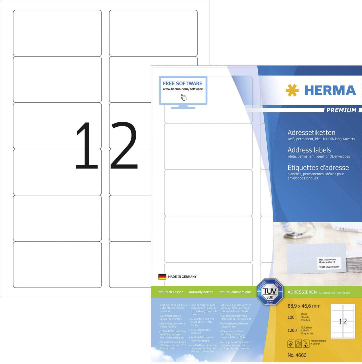 Herma 4666 Adress-Etiketten 88.9 x 46.6 mm Papier Weiß 1200 St. Permanent haftend Tintenstrahldrucker, Laserdrucker, Farblaserdrucker, Kopierer