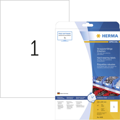 Herma 4698 Folien-Etiketten 210 x 297mm Polyester-Folie Weiß 25 St. Permanent haftend Farblaserdrucker, Laserdrucker