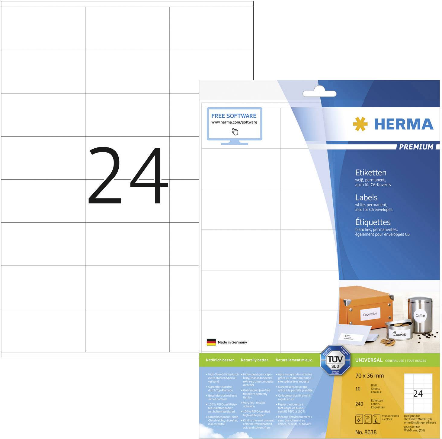 Herma 8638 Universal-Etiketten 70 x 36 mm Papier Weiß 240 St. Permanent haftend Tintenstrahldrucker, Laserdrucker, Farblaserdrucker, Kopierer
