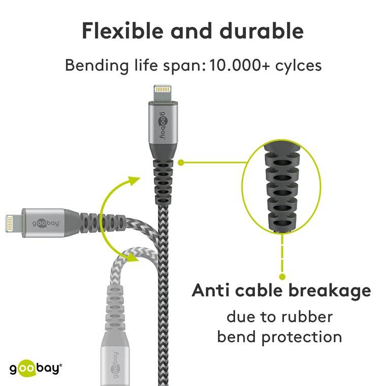 goobay Lightning auf USB-A Textilkabel mit Metallsteckern space grau/silber 2 m (1er Softpack)