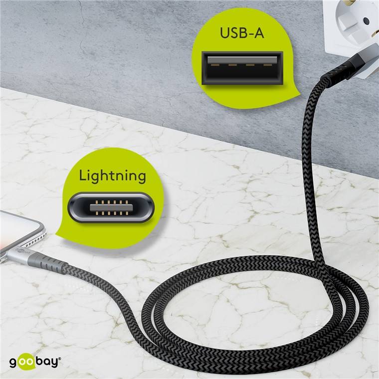 goobay Lightning auf USB-A Textilkabel mit Metallsteckern space grau/silber 2 m (1er Softpack)