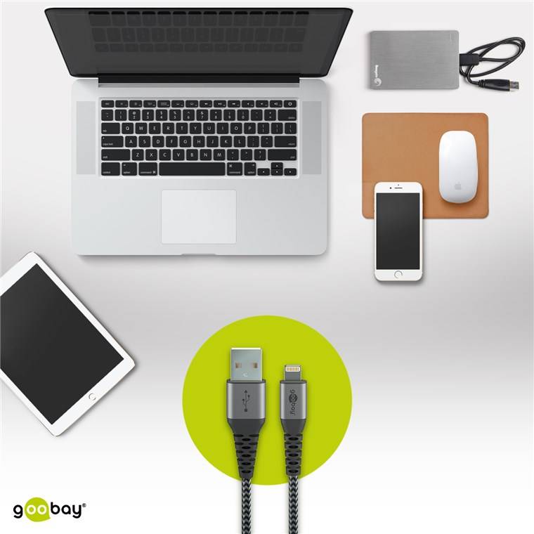 goobay Lightning auf USB-A Textilkabel mit Metallsteckern space grau/silber 2 m (1er Softpack)