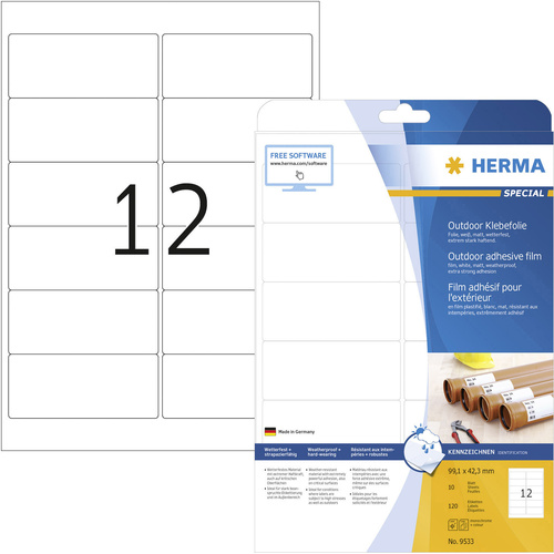Herma 9533 Folien-Etiketten 99.1 x 42.3mm Polyethylenfolie Weiß 120 St. Permanent haftend Farblaserdrucker, Laserdrucker