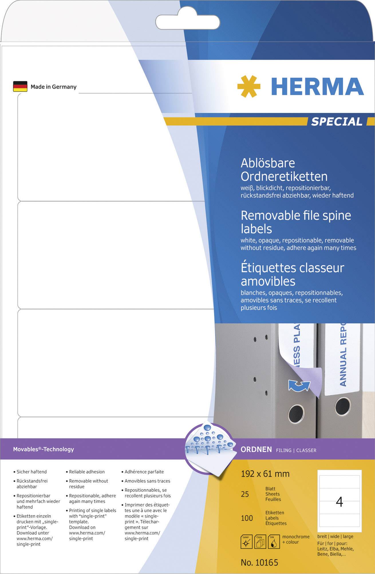 Herma 10165 Ordner-Etiketten 61 x 192 mm Papier Weiß 100 St. Wiederablösbar Tintenstrahldrucker, Laserdrucker, Farblaserdrucker, Kopierer, Farbkopie
