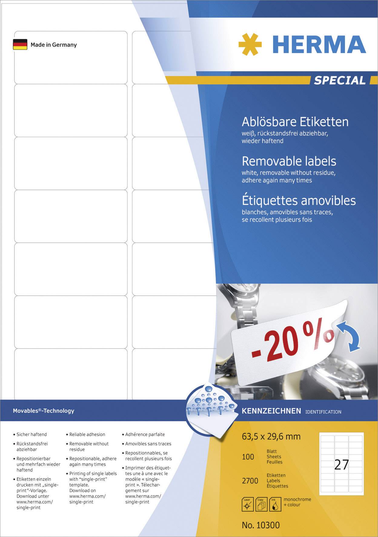 Etiketten weiß Movables/ablösbar 63,5x29,6mm Special A4 VE=2700