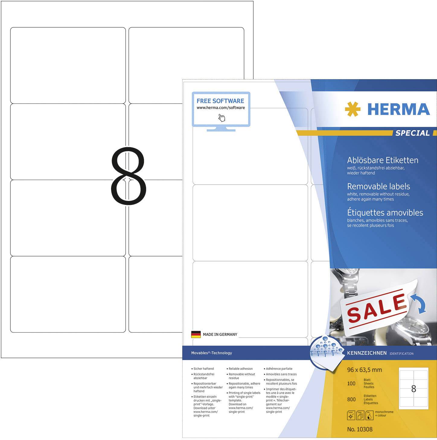 Herma 10308 Universal-Etiketten 96 x 63.5 mm Papier Weiß 800 St. Wiederablösbar Tintenstrahldrucker, Laserdrucker, Farblaserdrucker, Kopierer, Farbk
