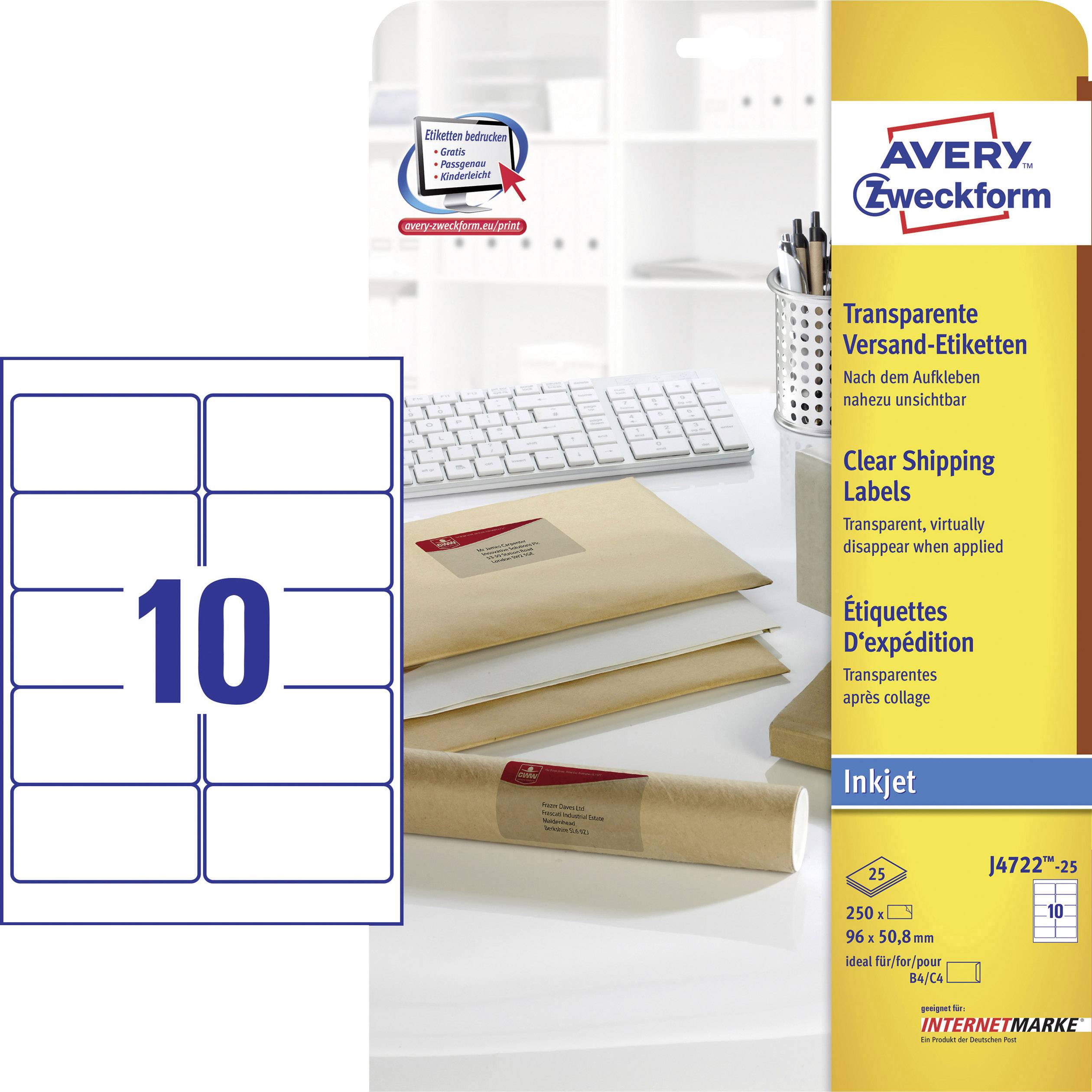 Avery-Zweckform J4722-25 Universal-Etiketten 96 x 50.8 mm Polyester-Folie Transparent 250 St. Permanent haftend Tintenstrahldrucker