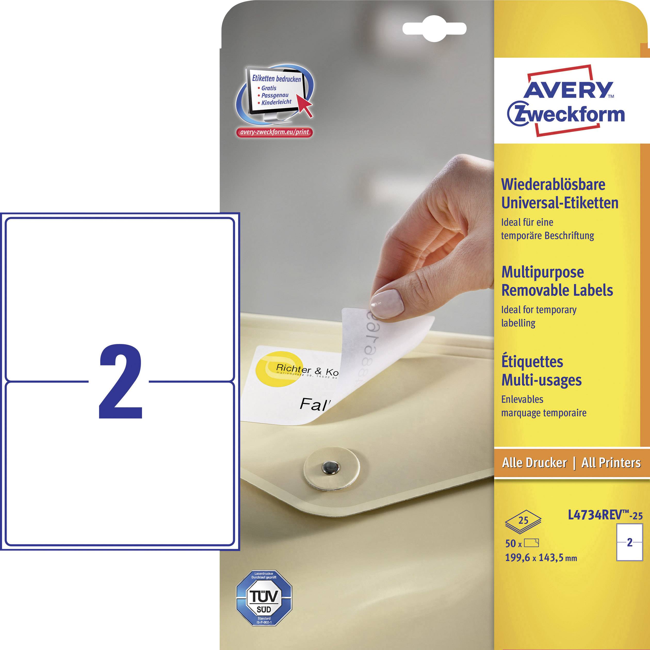 Avery-Zweckform L4734REV-25  199.6 x 143.5 mm Papier Weiß 50 St. Wiederablösbar   25 Blatt DIN A4