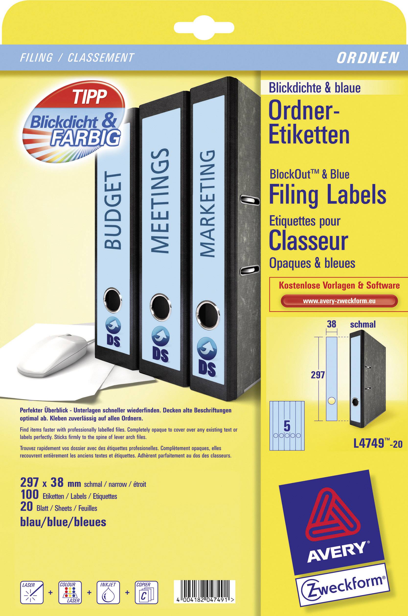 Avery Zweckform Ordneretikett L4749-20 38x297mm bl 100 St./Pack.
