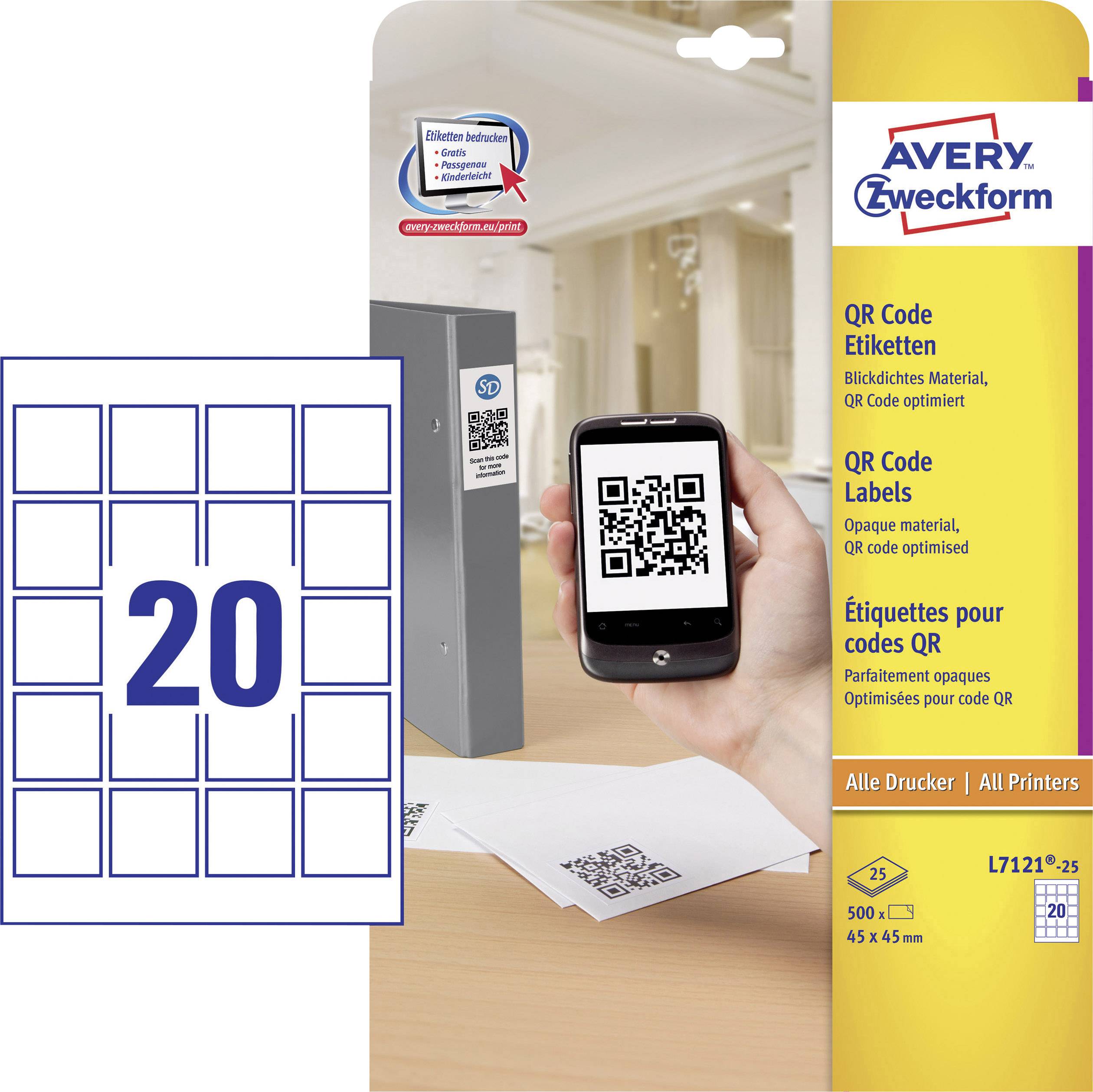 Avery-Zweckform L7121-25 QR-Code-Etiketten 45 x 45 mm Papier Weiß 500 St. Permanent haftend Tintenstrahldrucker, Laserdrucker, Farblaserdrucker