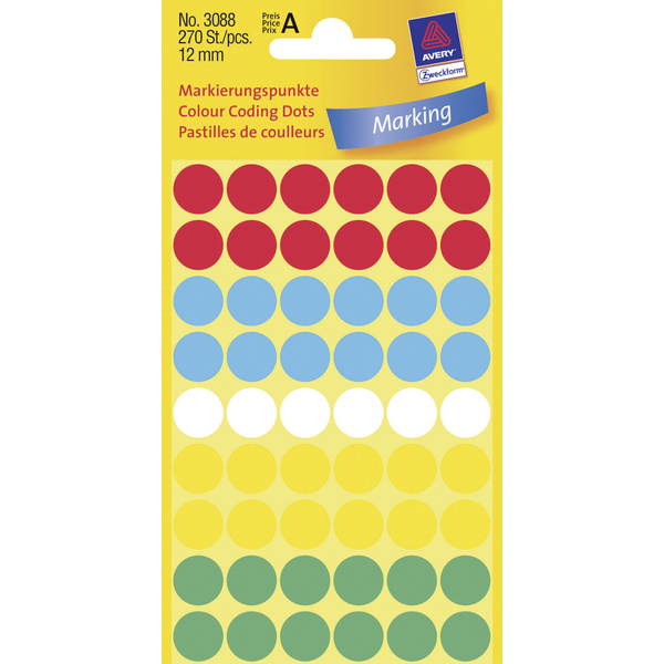 Avery-Zweckform 3088 Etiketten Ø 12 mm Papier Rot, Blau, Weiß, Gelb, Grün 270 St. Permanent haftend Markierungspunkte Etiketten