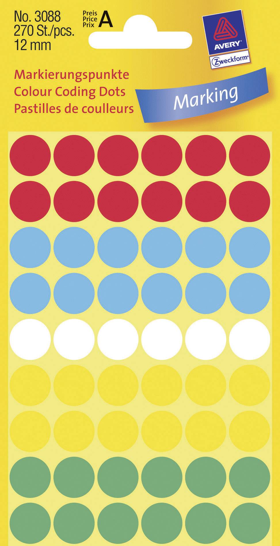 Avery-Zweckform 3088 Etiketten Ø 12 mm Papier Rot, Blau, Weiß, Gelb, Grün 270 St. Permanent haftend Markierungspunkte Etiketten