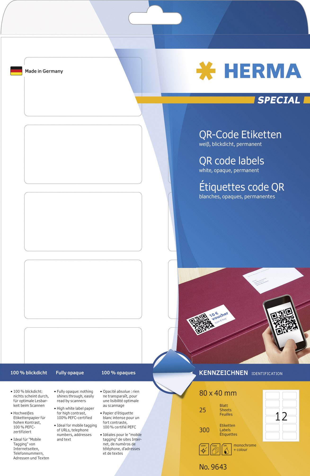 Etiketten weiß 80x40mm QR-Code deckend A4 VE=300 Stück