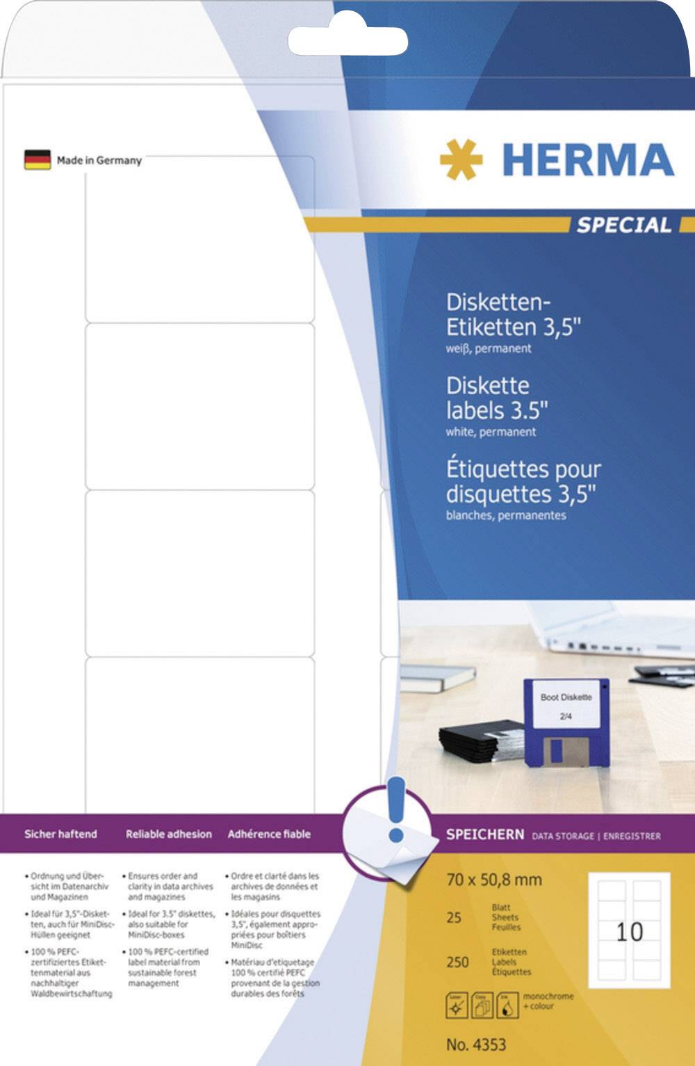 Disketten-Etiketten weiß 35 70x50,8mm Special A4 VE=250 Stück