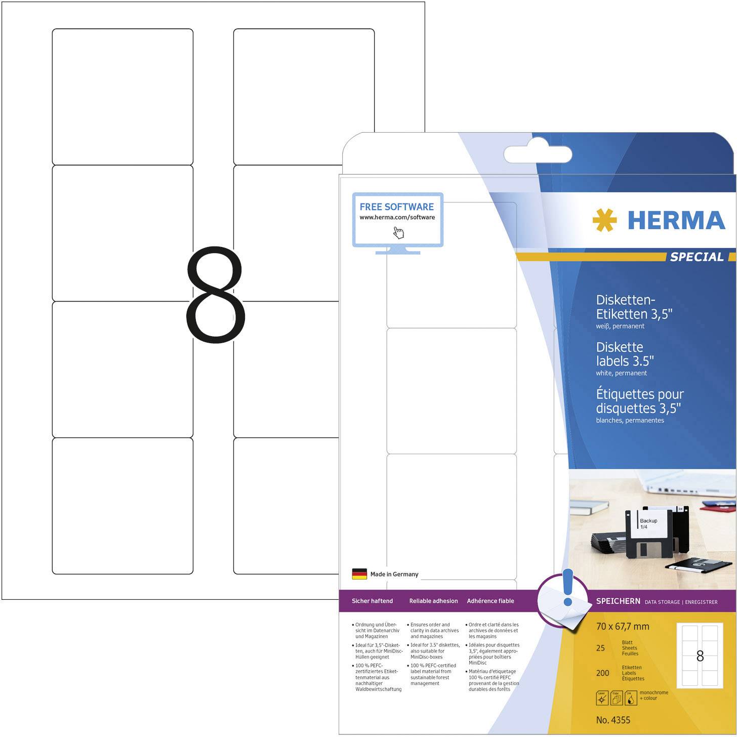 Herma 4355 Disketten-Etiketten 70 x 67.7 mm Papier Weiß 200 St. Permanent haftend Tintenstrahldrucker, Laserdrucker, Farblaserdrucker, Kopierer