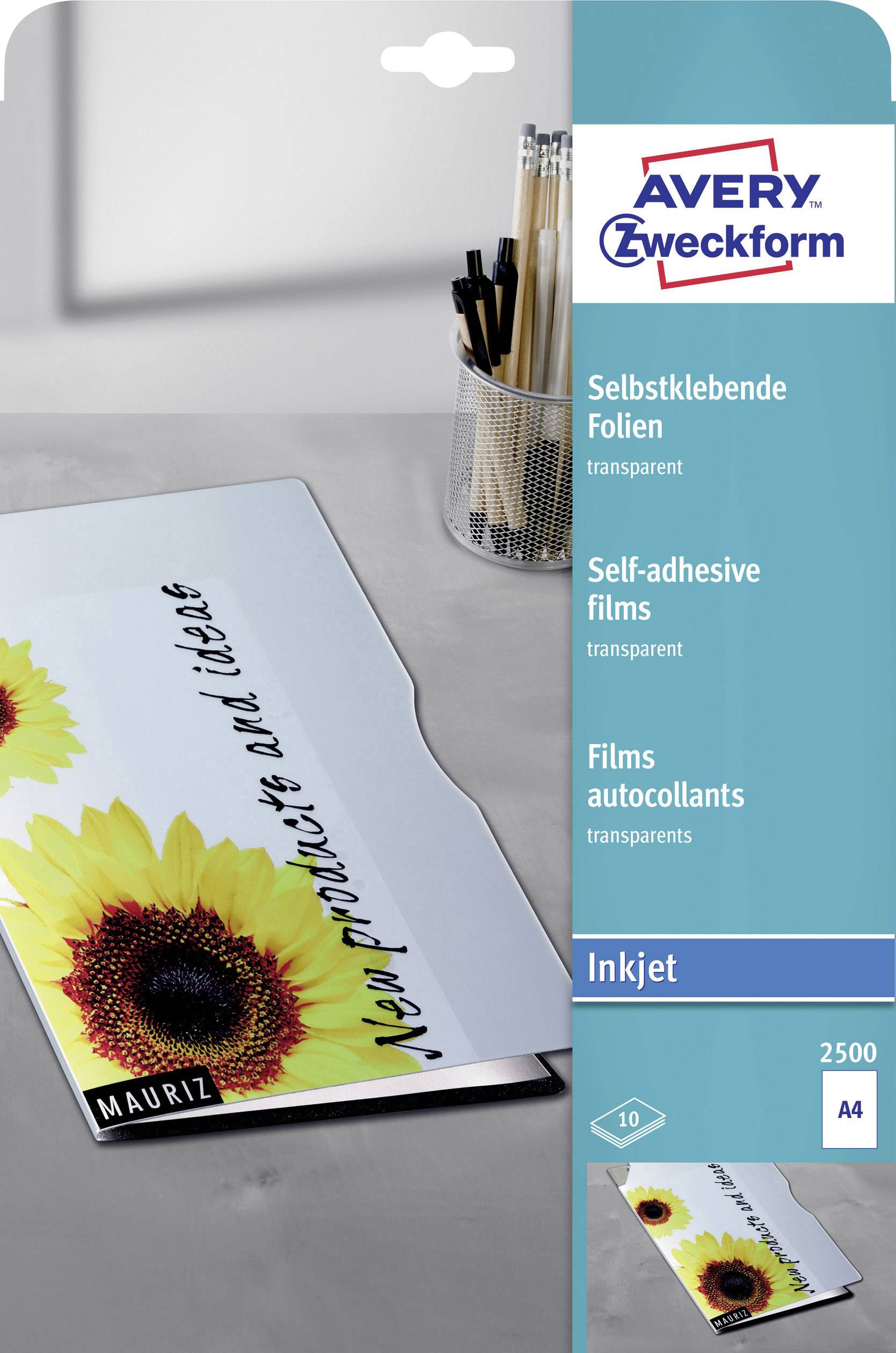 Selbstklebende transparente Folien von Avery Zweckform für Inkjet-Drucker, A4-Format, mit Sonnenblumenmotiv auf der Verpackung.